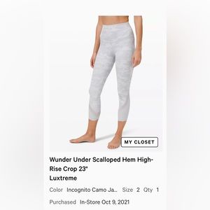 Only worn twice, Lululemon Wunder Under Scalloped Hem High-Rise Crop 23" size 2